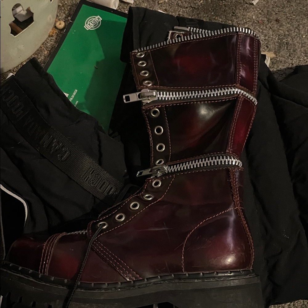 Demonia Burgundy Combat Boots with Silver Zippers
